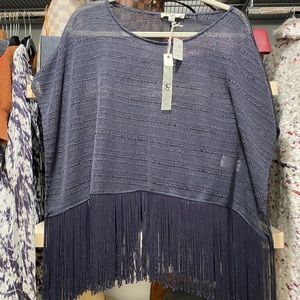 Gray Sheer Poncho with Fringe